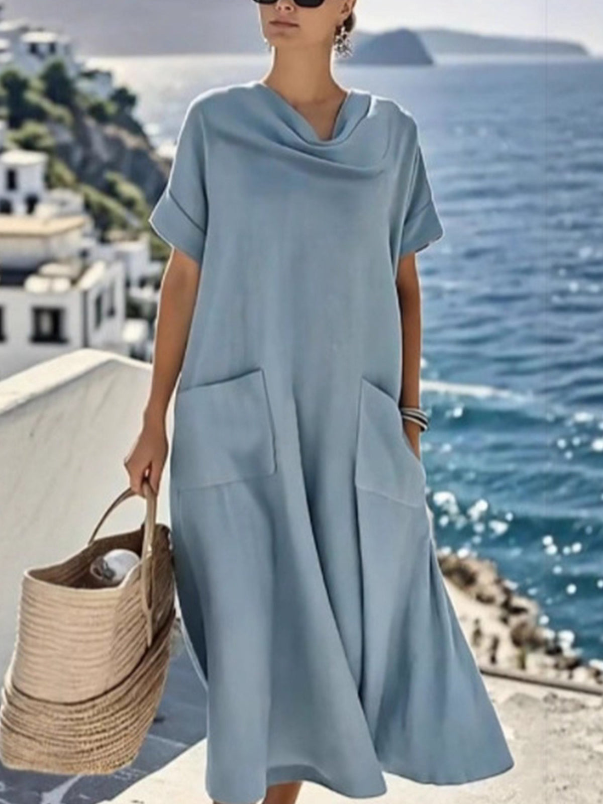 Women Plain Summer Dress Cowl Neck Short Sleeve A-Line Dress