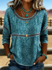 Crew Neck 3/4 Sleeve Floral Printing Regular Loose Blouse For Women