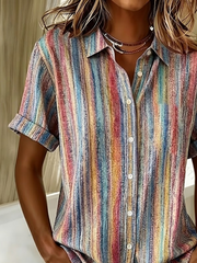 Shirt Collar Short Sleeve Abstract Stripes Printing Regular Micro-Elasticity Loose Button Up Shirt Shirt For Women