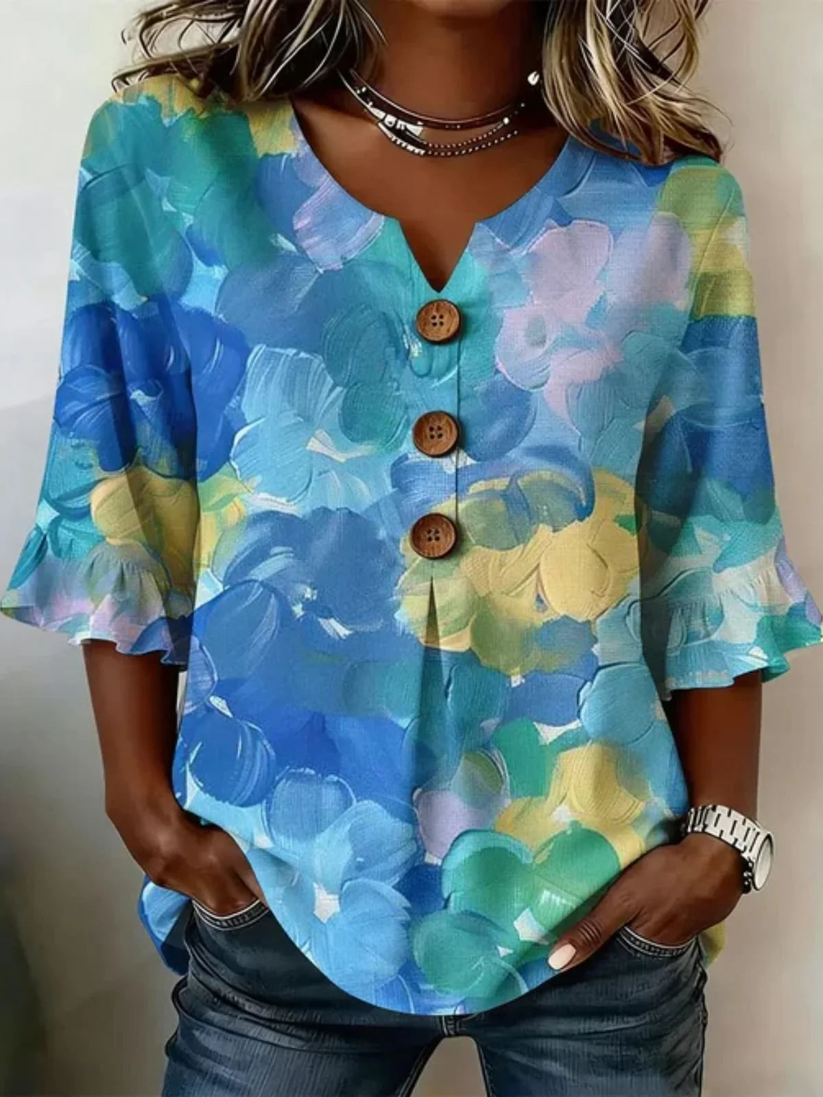 V Neck Half Sleeve Floral Regular Regular Fit Blouse For Women