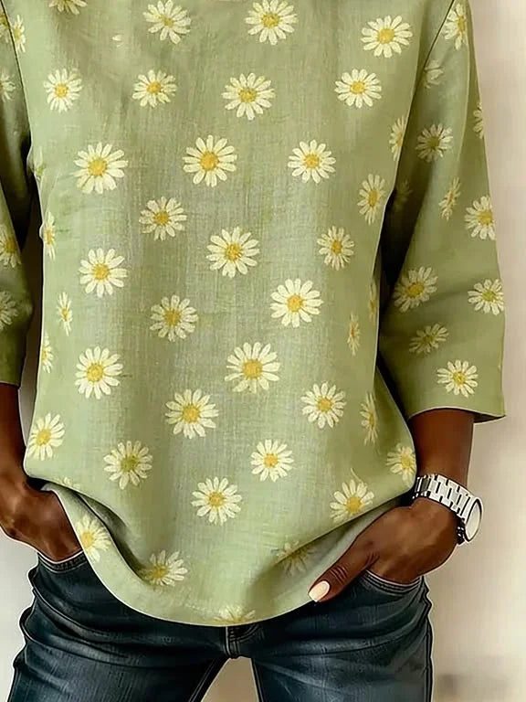 Crew Neck 3/4 Sleeve Floral Printing Regular Micro-Elasticity Regular Fit Blouse For Women
