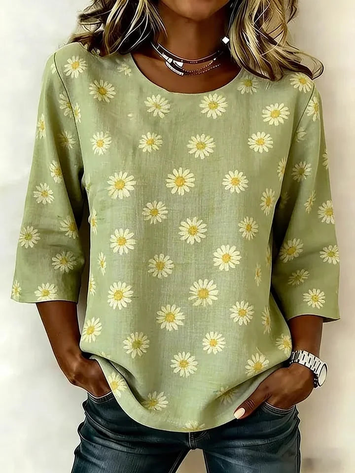Crew Neck 3/4 Sleeve Floral Printing Regular Micro-Elasticity Regular Fit Blouse For Women