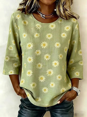 Crew Neck 3/4 Sleeve Floral Printing Regular Micro-Elasticity Regular Fit Blouse For Women