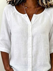 Crew Neck Half Sleeve Plain Buckle Regular Micro-Elasticity Loose Shirt For Women