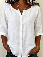 Crew Neck Half Sleeve Plain Buckle Regular Micro-Elasticity Loose Shirt For Women