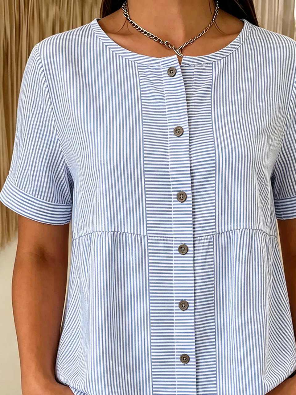 Crew Neck Short Sleeve Striped Casual Regular Loose Shirt For Women
