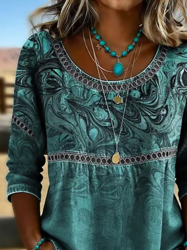 Crew Neck Half Sleeve Abstract Printing Regular Micro-Elasticity Loose Blouse For Women