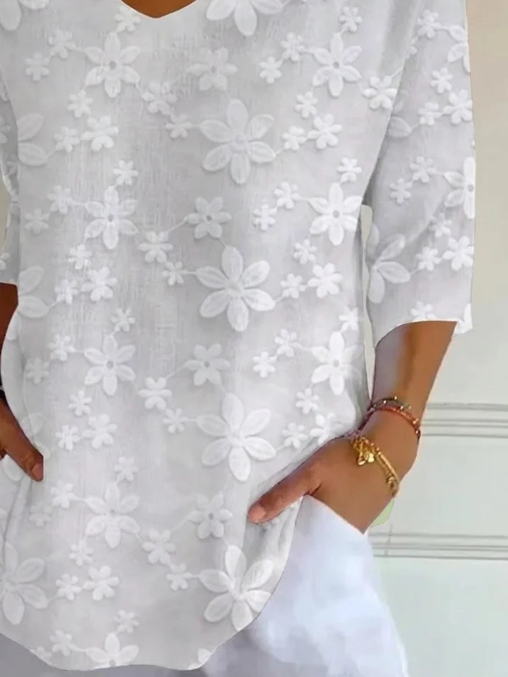 Casual Floral V Neck Three Quarter Sleeve T-shirt