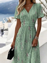 Women Gradient Pattern Summer Dress V Neck Short Sleeve Beach Dress A-Line Dress