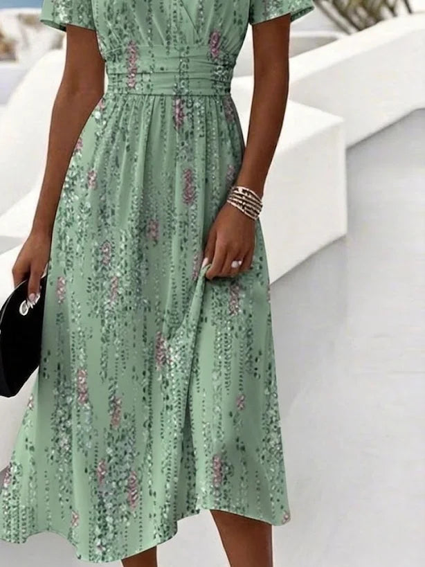 Women Gradient Pattern Summer Dress V Neck Short Sleeve Beach Dress A-Line Dress