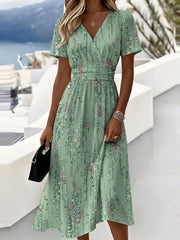 Women Gradient Pattern Summer Dress V Neck Short Sleeve Beach Dress A-Line Dress
