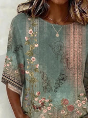 Crew Neck Half Sleeve Floral Printing Regular Fit Blouse For Women