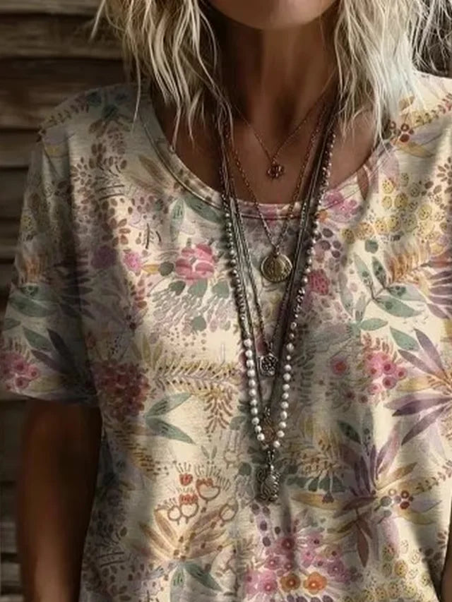 Casual Floral Crew Neck Short Sleeve T-shirt For Women