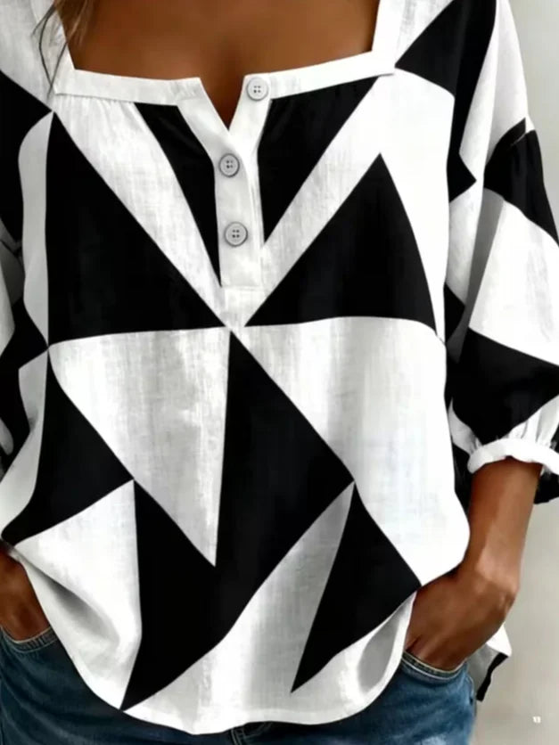 Square Neck Three Quarter Sleeve Abstract Printing Regular Micro-Elasticity Loose Blouse For Women