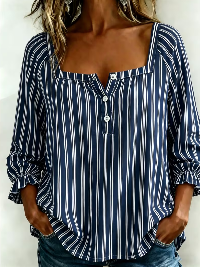Square Neck Three Quarter Sleeve Striped Printing Regular Micro-Elasticity Loose Blouse For Women