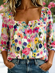 Square Neck Three Quarter Sleeve Floral Regular Micro-Elasticity Loose Blouse For Women