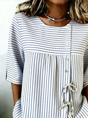 Crew Neck Half Sleeve Striped Regular Micro-Elasticity Loose Shirt For Women