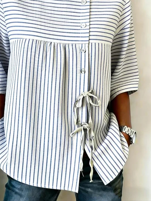 Crew Neck Half Sleeve Striped Regular Micro-Elasticity Loose Shirt For Women