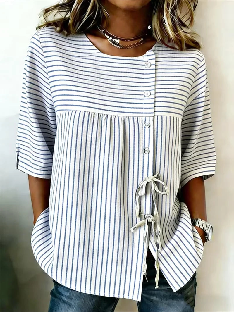 Crew Neck Half Sleeve Striped Regular Micro-Elasticity Loose Shirt For Women