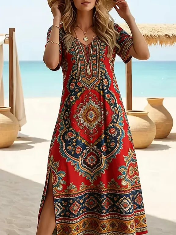 Women Ethnic Summer Printing Dress Crew Neck Short Sleeve T-Shirt Dress H-Line Dress