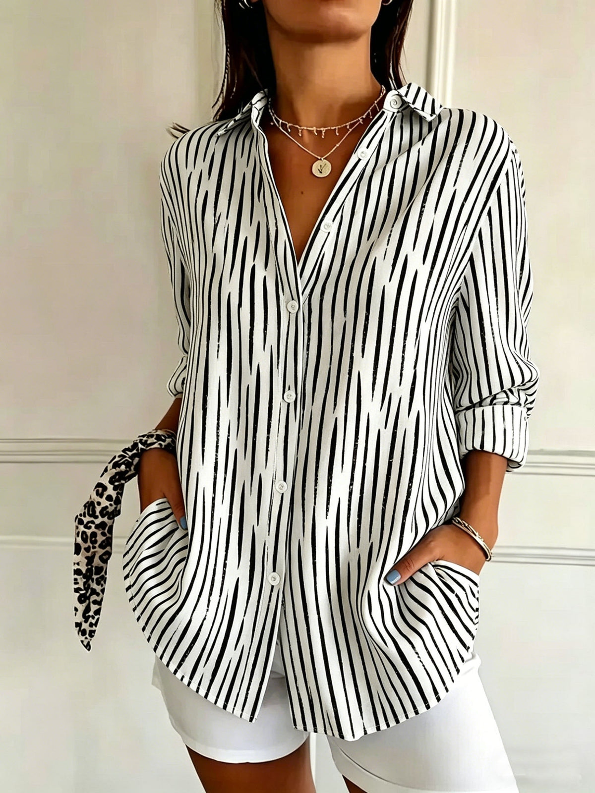Shawl Collar Long Sleeve Abstract Graphic Regular Loose Shirt For Women