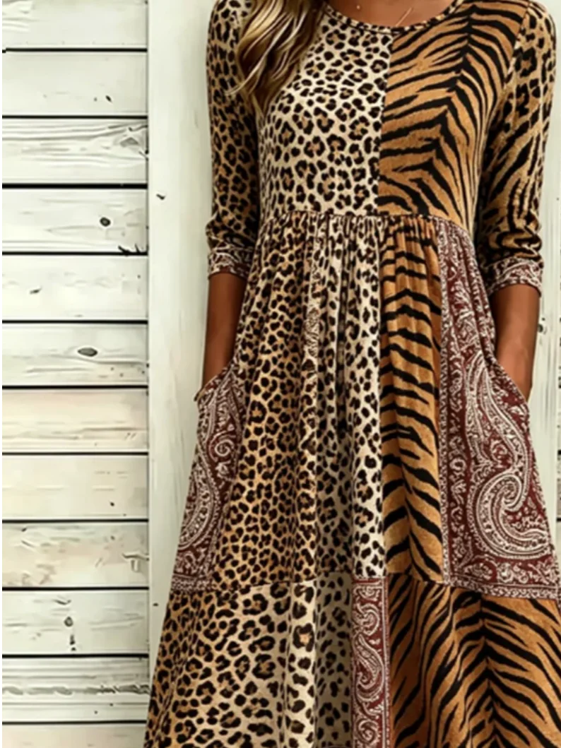 Women Leopard Summer Dress Half Sleeve A-Line Dress