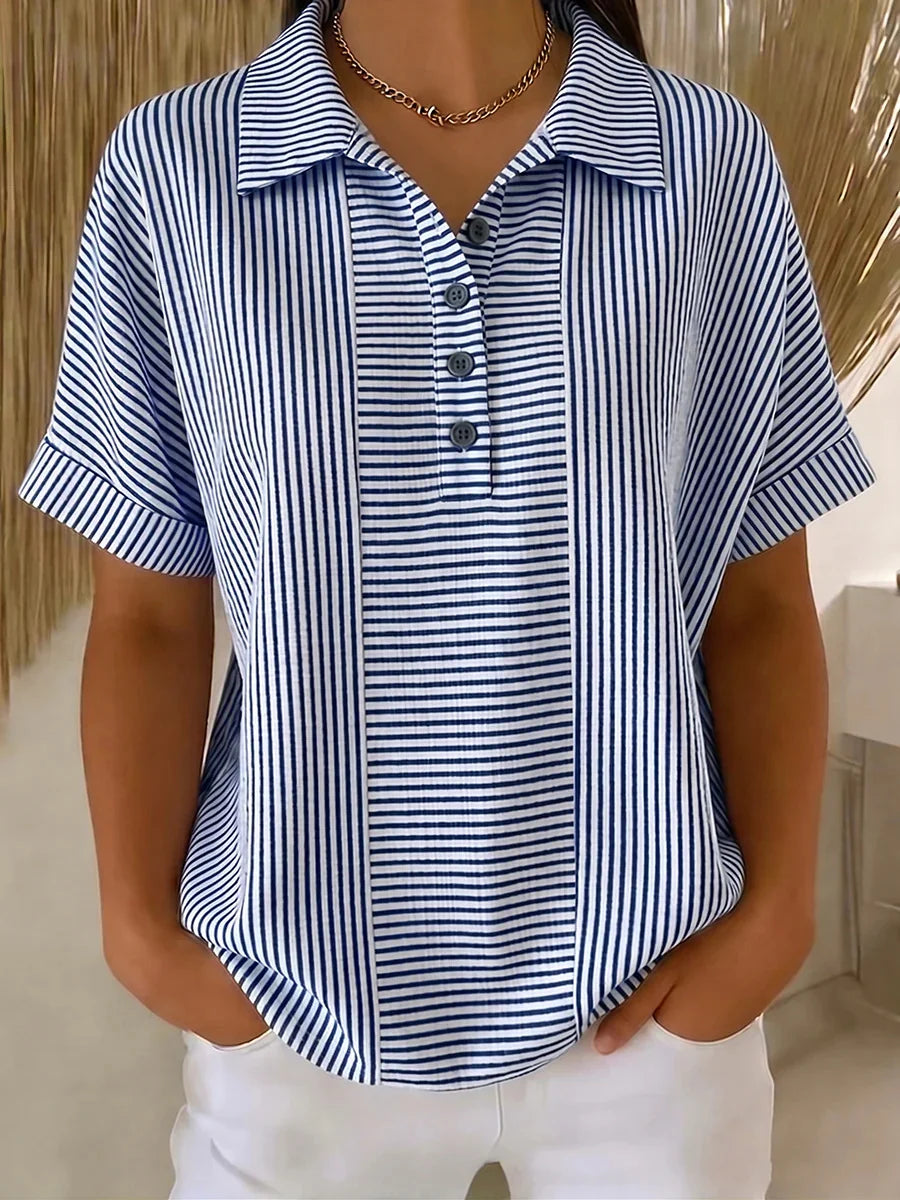 Vintage Striped Polo Collar Short Sleeve T-shirt