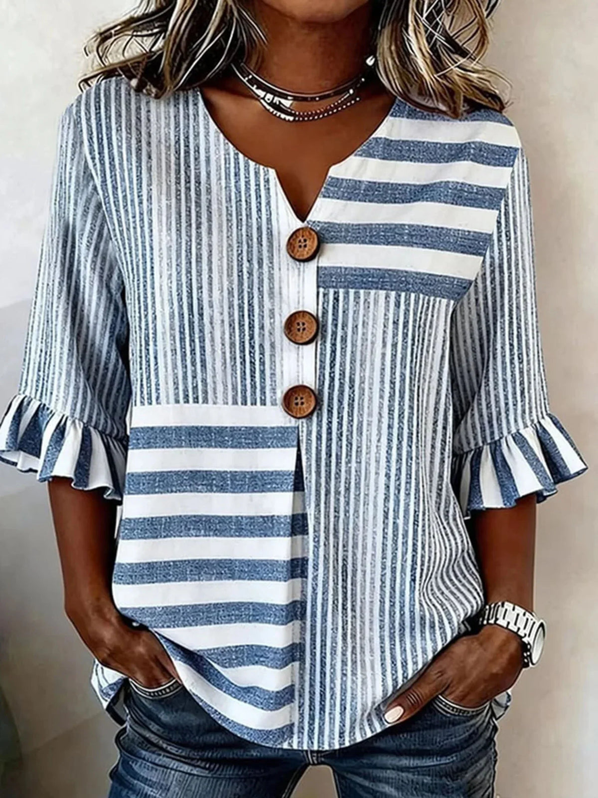 V Neck Half Sleeve Striped Regular Regular Fit Casual Blouse For Women