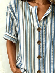 Stand Collar Three Quarter Sleeve Striped Regular Loose Shirt For Women