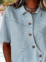 Shawl Collar Short Sleeve Striped Regular Loose Shirt For Women