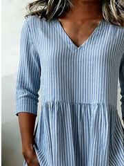 V Neck Long Sleeve Striped Regular Loose Shirt For Women