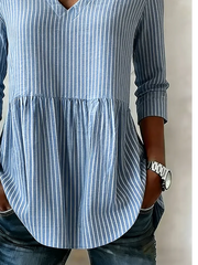 V Neck Long Sleeve Striped Regular Loose Shirt For Women