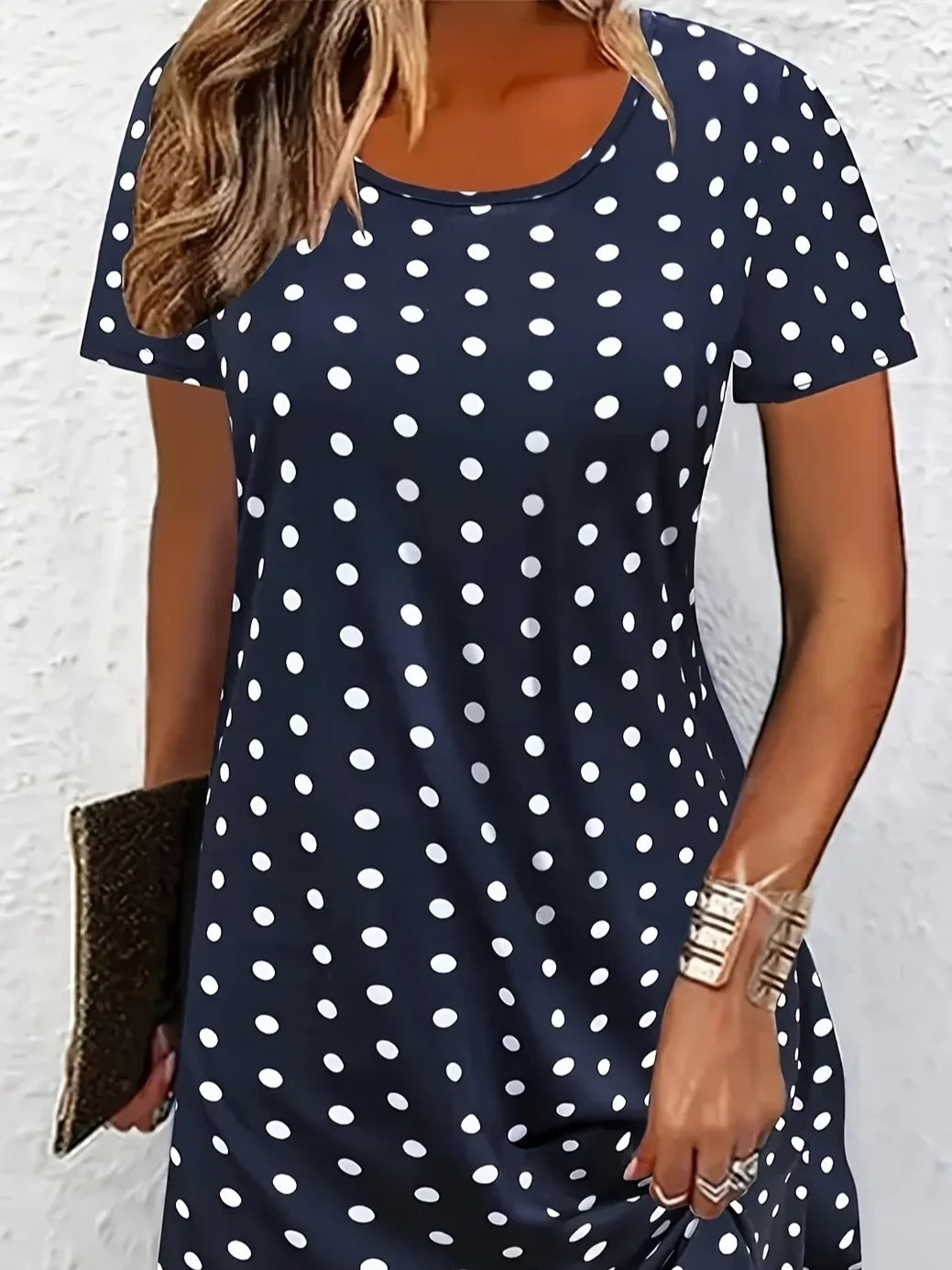 Women Polka Dots Summer Printing Dress Crew Neck Short Sleeve T-Shirt Dress A-Line Dress