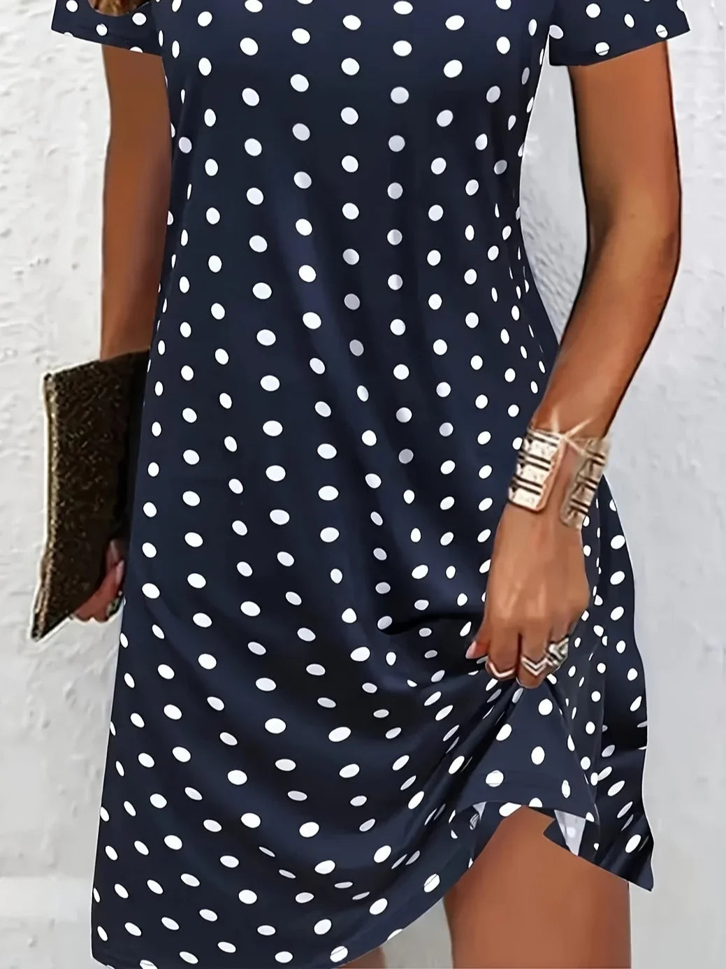 Women Polka Dots Summer Printing Dress Crew Neck Short Sleeve T-Shirt Dress A-Line Dress