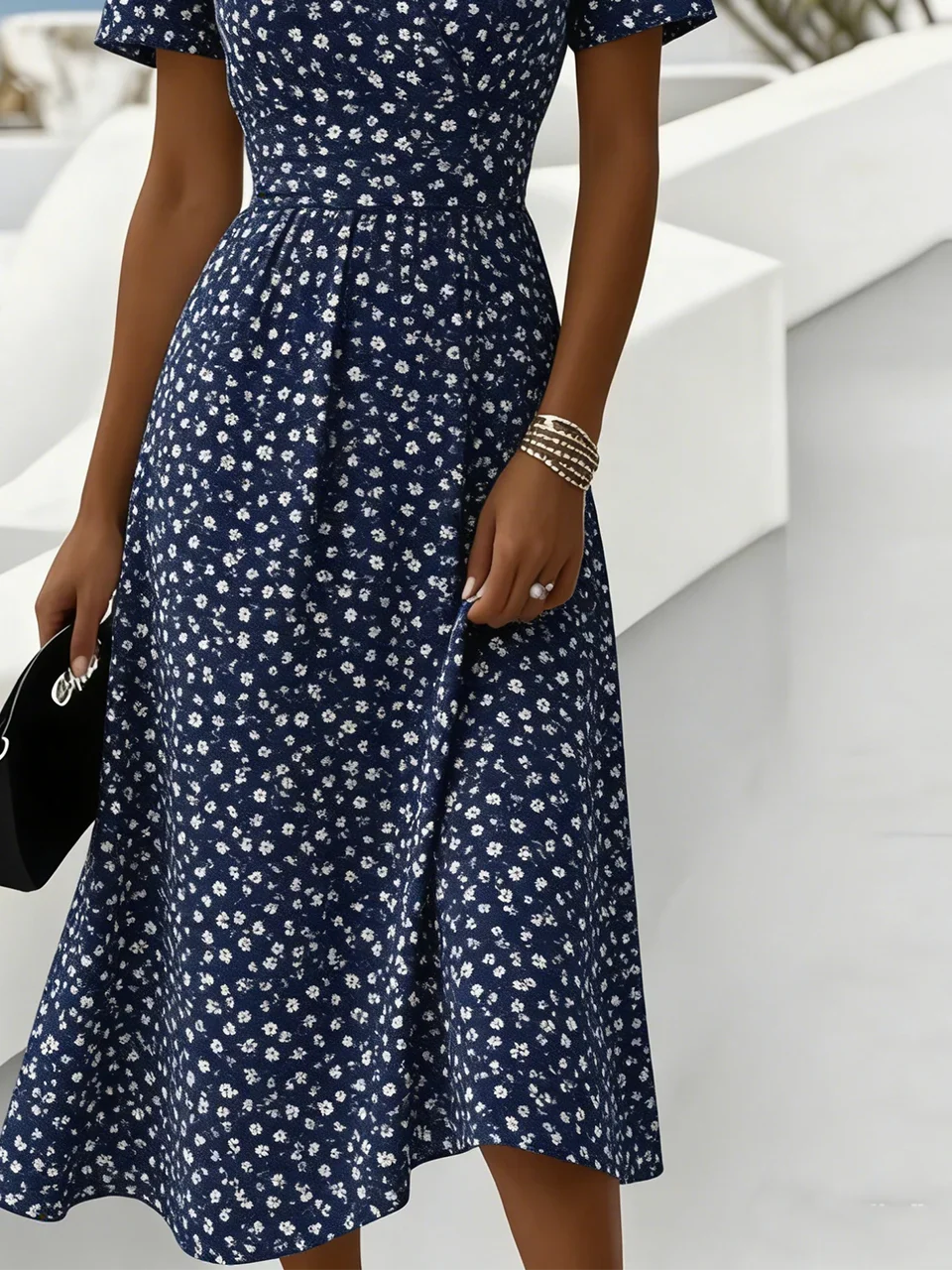 Women Floral Summer Dress V Neck Short Sleeve Beach Dress A-Line Dress