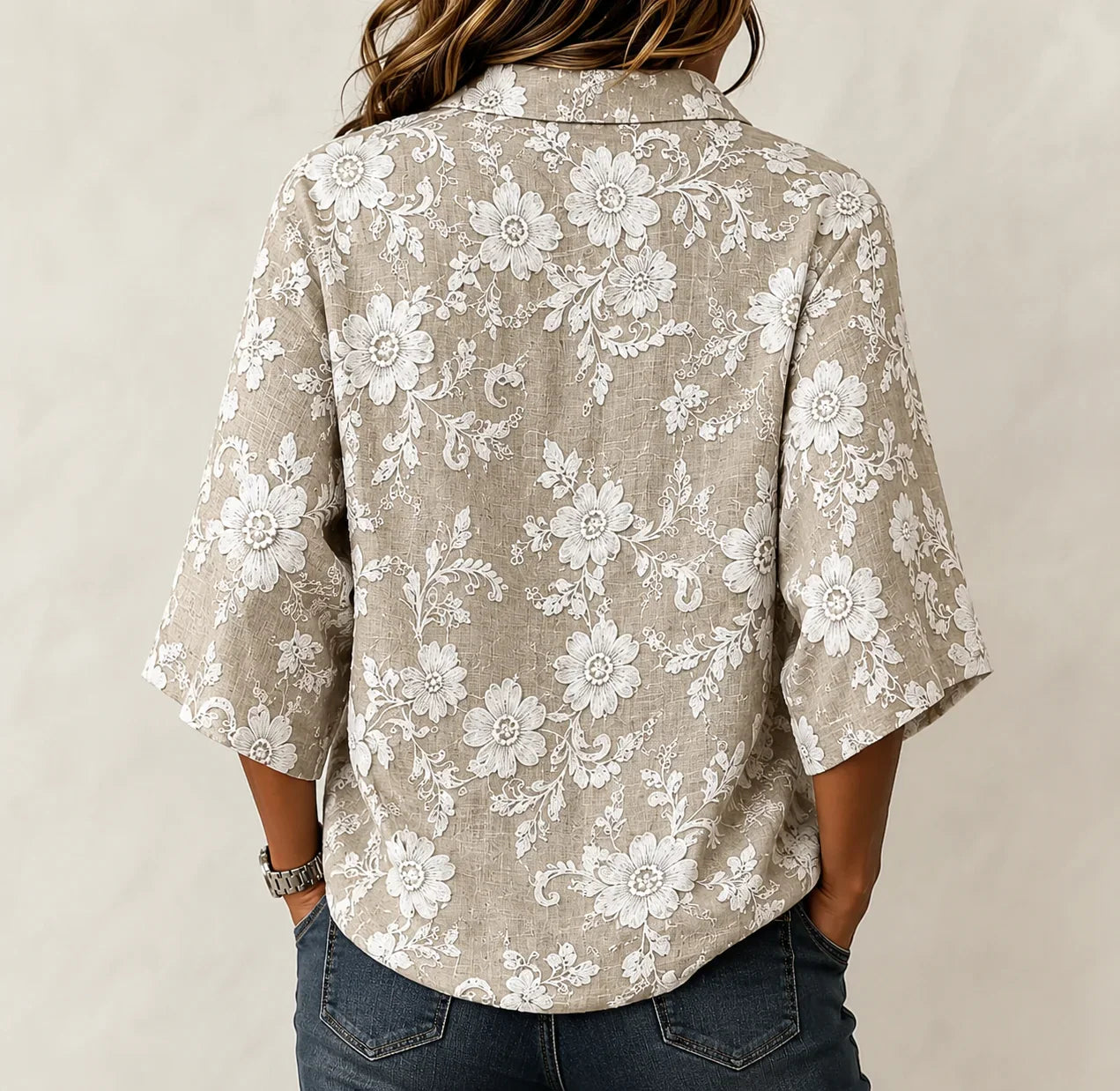 Women's Shawl Collar Half Sleeve Floral Lightweight Loose Shirt