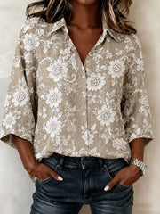 Women's Shawl Collar Half Sleeve Floral Lightweight Loose Shirt