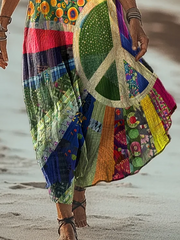 Women Hippie Summer Printing Dress V Neck Short Sleeve T-Shirt Dress H-Line Dress