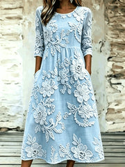 Women Floral Summer Dress Crew Neck Half Sleeve A-Line Dress