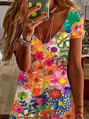 Women Floral Summer Dress Crew Neck Half Sleeve A-Line Dress
