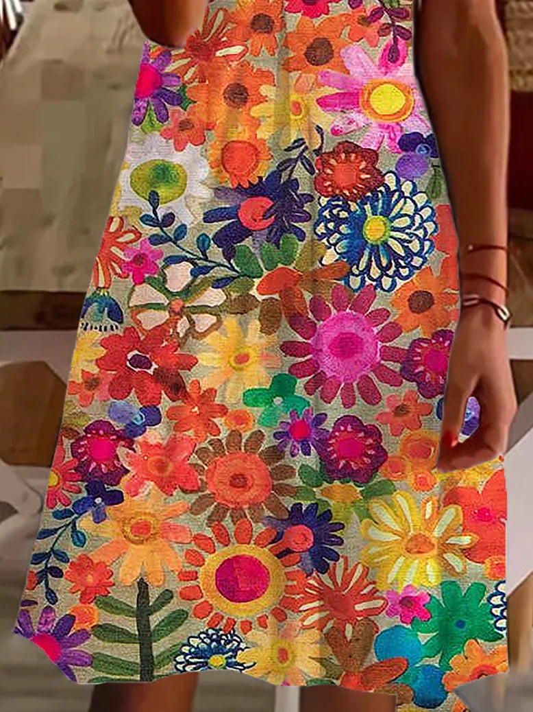Women Floral Summer Dress Crew Neck Half Sleeve A-Line Dress