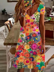 Women Floral Summer Dress Crew Neck Half Sleeve A-Line Dress