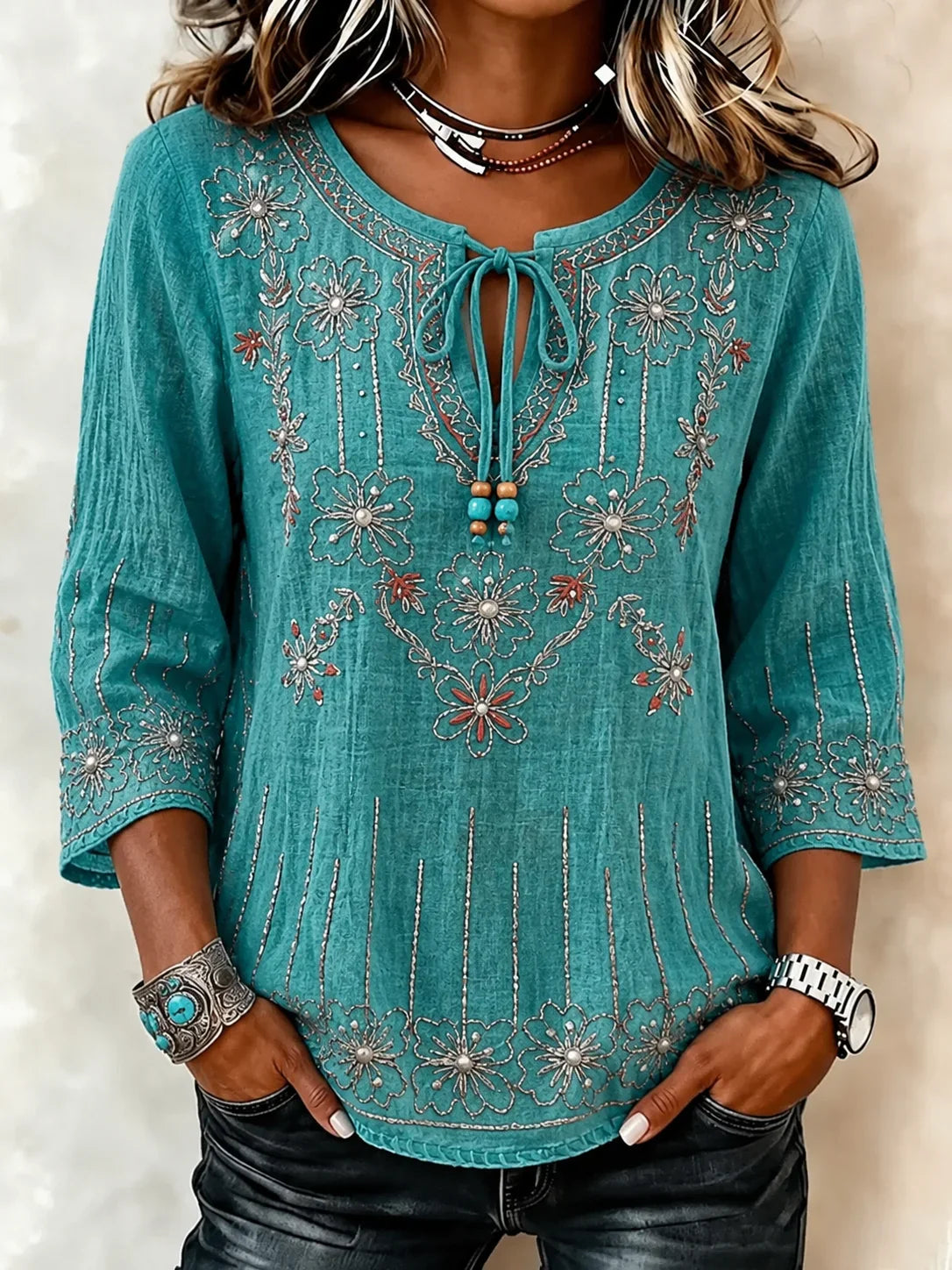 V Neck Half Sleeve Floral Regular Loose Blouse For Women