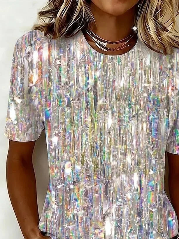 Women Crew Neck Short Sleeve Iridescent Glitter Abstract Loose Graphic T-shirt