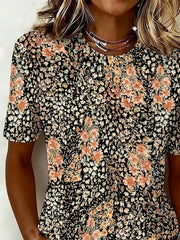 Women Crew Neck Short Sleeve Black Base Small Floral Loose Graphic T-shirt