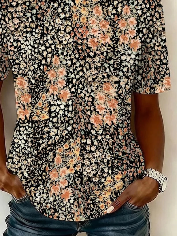 Women Crew Neck Short Sleeve Black Base Small Floral Loose Graphic T-shirt