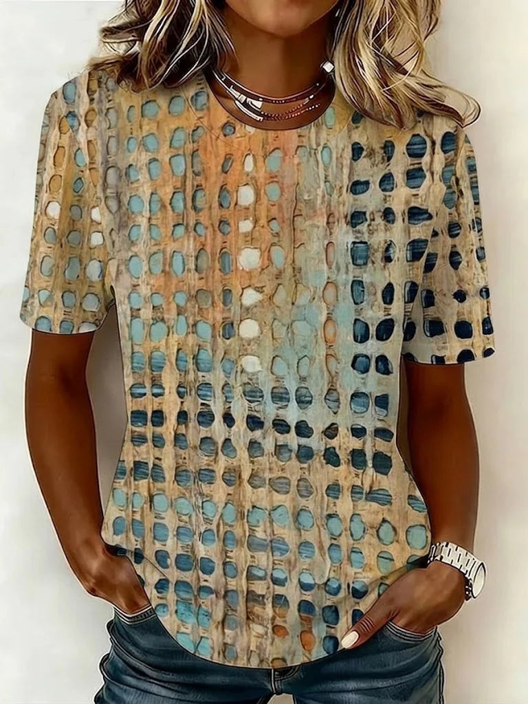 Women Crew Neck Short Sleeve Vintage Circle Dot Abstract Loose