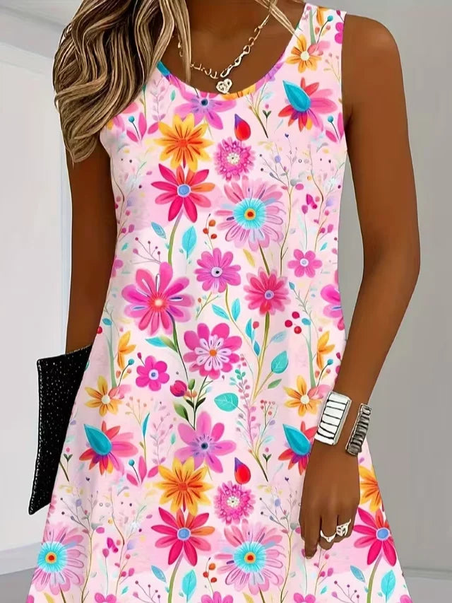Women Crew Neck Sleeveless Pink Floral Midi Tank A-Line Dress