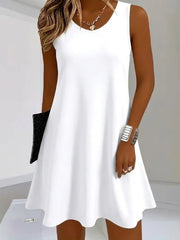 Women Crew Neck Sleeveless White Plain Midi Tank A-Line Dress