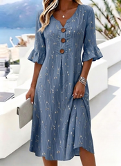Women V Neck Half Sleeve Blue Leaf Midi H-Line Dress
